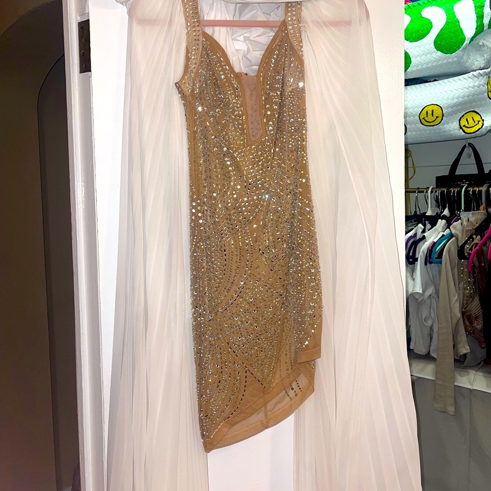 slim fit dress slacks THE GODDESS DRESS & SHRUG (WHITE AND GOLD) – Soara main image 1
